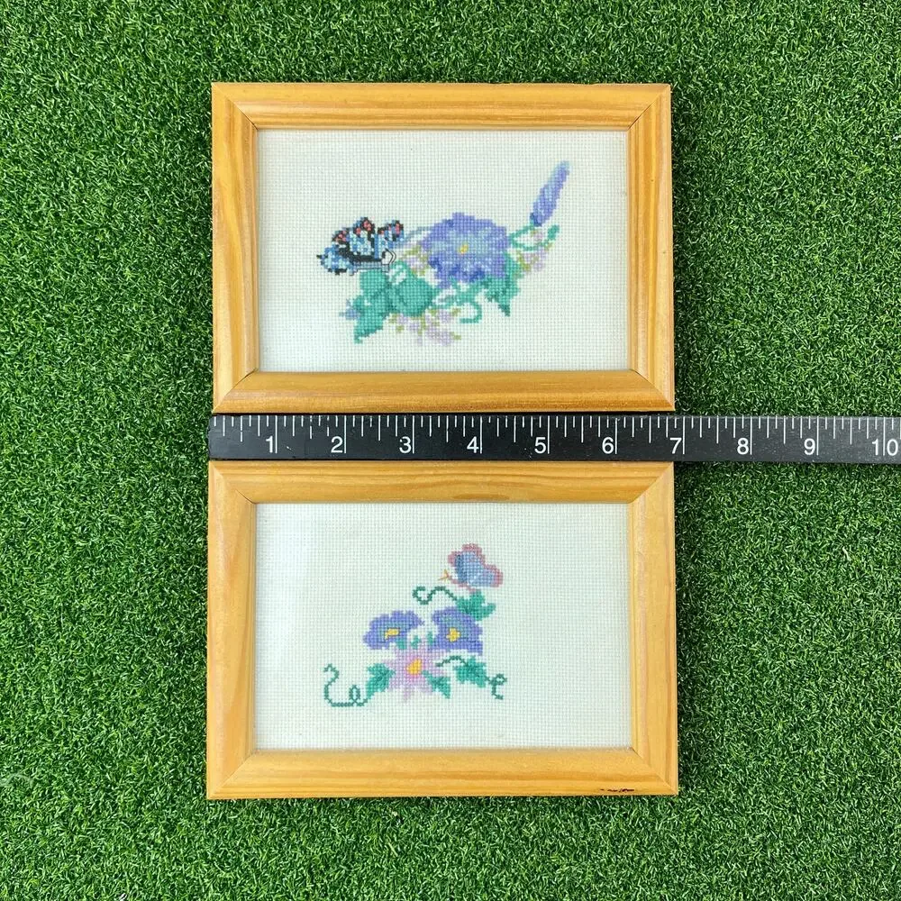 Vintage Lot of 2 Hand Stitched Alicia Floral Butterfly Wooden Frame